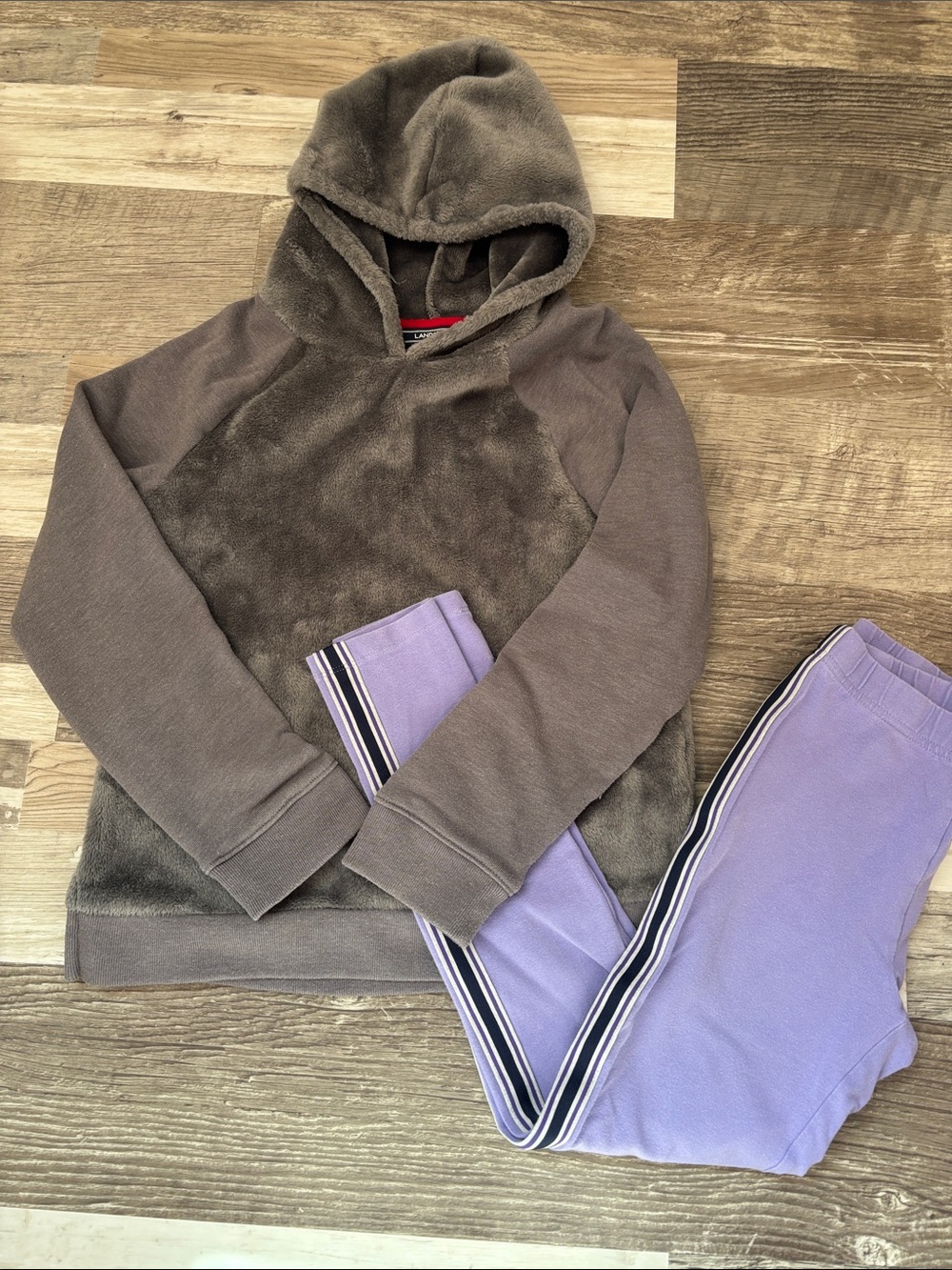 Lands' End Gray Plush Hoodie with Lavender Side-Stripe Leggings